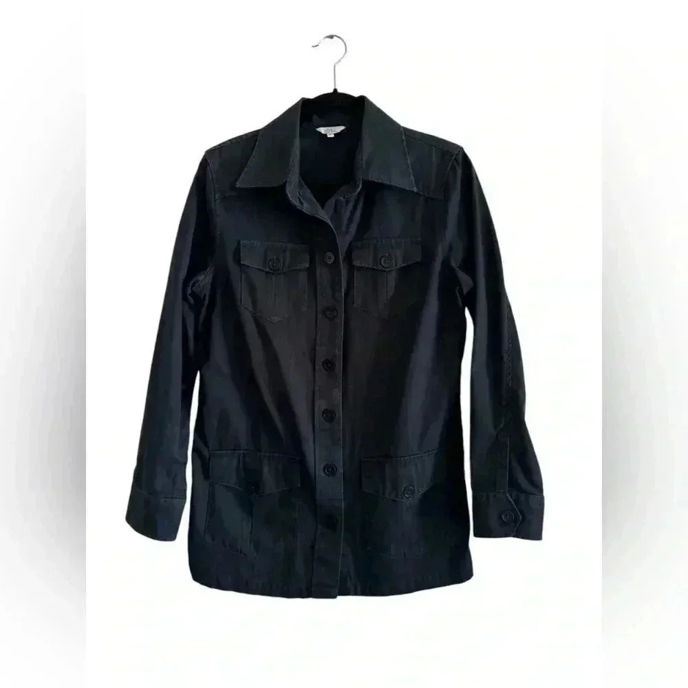 LL Bean Womens Jacket 4 Black Chambray Denim Button Pockets Travel Coat Outdoor